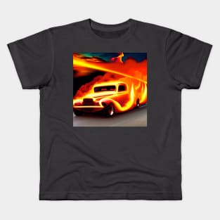 A Stunning Orange Vintage Hot Rod Car Covered In Flames and Smoke Kids T-Shirt